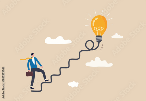 Creativity for business idea, thinking and brainstorm for new idea or opportunity, career path or goal achievement, businessman start walking on electricity line as stairway to big idea lightbulb.