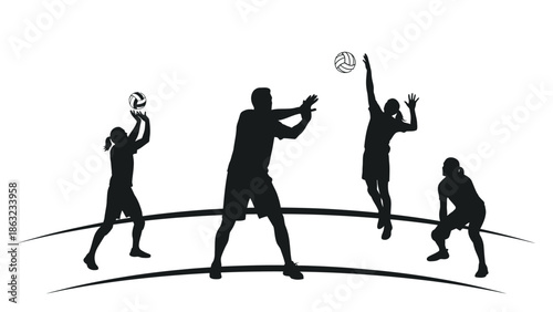 Silhouettes of people dancing and moving together in dynamic action poses