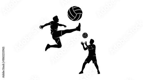 Silhouette of two athletes playing volleyball, one jumping to kick the ball, the other ready to receive.