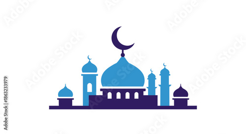 Islamic Mosque Building Icon Silhouette with Crescent Moon and Minarets