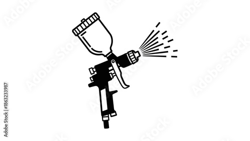 Black and white illustration of a spray gun actively spraying paint or liquid, depicting a fine mist being emitted from the nozzle.