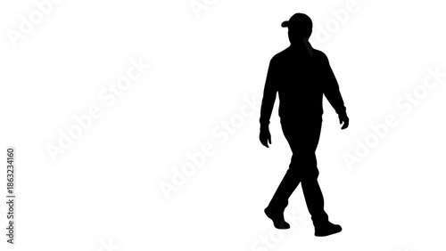 Vector illustration of a standing black silhouette of a young woman and a businessman in a suit walking near people in a fashion art shadow