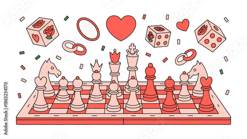 Chessboard's Love Game: A captivating graphic features a chess set reimagined with love and symbolic elements, each piece on the board, representing strategy and the pursuit of connection.
