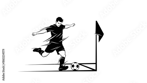 A dynamic illustration of a soccer player in action, kicking a ball from the corner of the field with motion lines indicating speed and intensity.