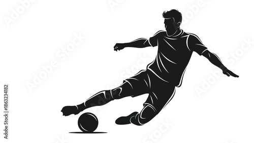 Dynamic silhouette illustration of a male soccer player kicking a ball in action, depicting a powerful sports moment.