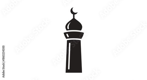 Striking black graphic of a minaret featuring a crescent moon at its peak, an iconic representation of Islamic worship and cultural heritage