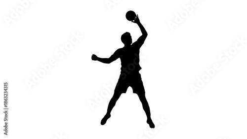 Vector illustration of a black silhouette of a man and woman athlete in action running and jumping to kick a soccer ball during a football sports game competition