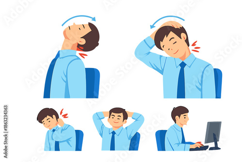 Man performing desk stretches for neck and shoulder pain relief