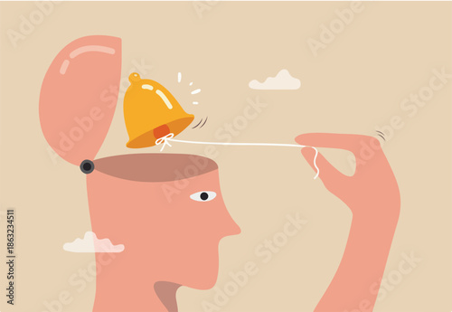 Self awareness, psychological state in individuality of behavior or feeling, self acceptance or personality concept, a man ringing the bell in his self brain head metaphor of awareness of his exist