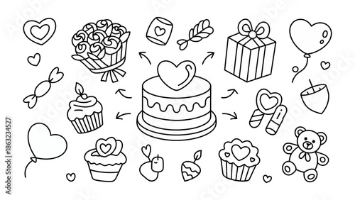 A Collection of Valentine's day icons: A delightful assortment of Valentine's Day icons, each carrying the promise of affection and the essence of the romantic holiday. The set includes roses, hearts.