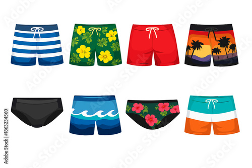 Collection of colorful swim trunks and bikini bottoms