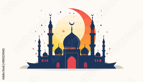 A magnificent Islamic mosque illuminated under a vibrant crescent moon and starry sky, symbolizing faith and cultural heritage