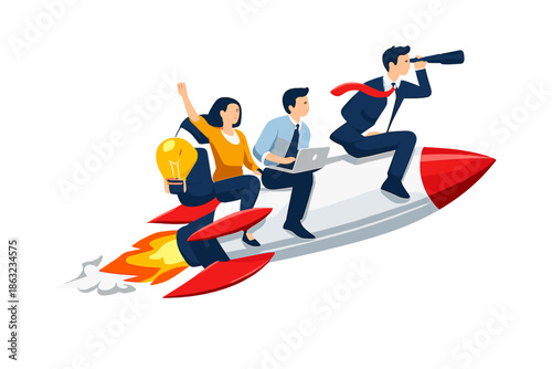 Team on a rocket ship with a lightbulb and telescope