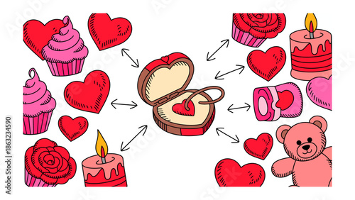 Valentine's Day Gifts: An array of delightful Valentine's Day gifts, including heart-shaped adornments and sweet treats, radiates from a central treasure box.