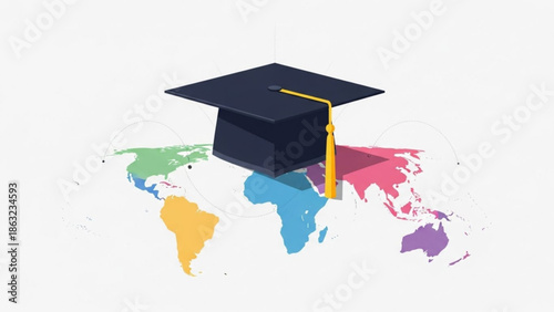 Graduation cap on a world map background with colorful continents, symbolizing global education