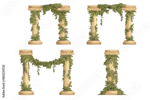 Ancient columns with floral garland and vines