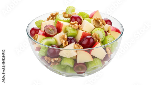 Fresh fruit and cheese salad in a glass bowl isolated on transparent background
