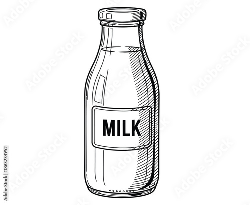 Milk Bottle Sketch: Classic Glass Dairy Bottle for Nutrition, Beverage, and Food Packaging Catalog