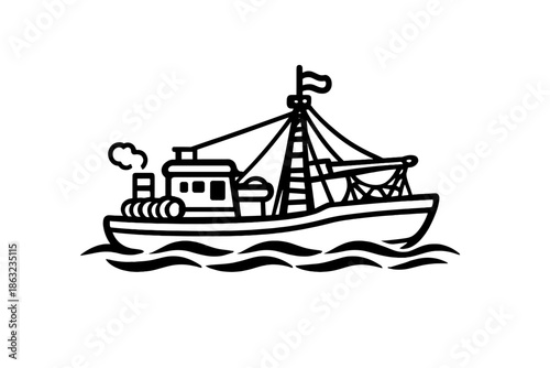 Fishing boat with smoke coming from chimney on water