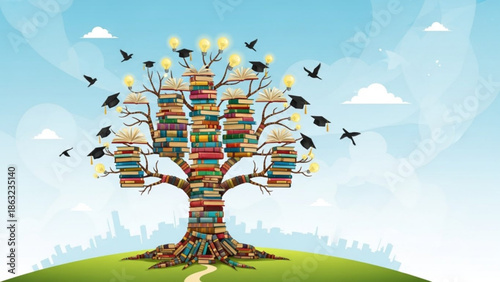 A tree made of colorful books with light bulbs and birds on a green hill with a city skyline in background
