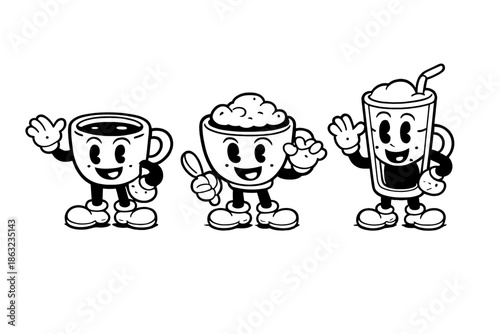 Retro Cartoon Coffee Cup, Bowl, and Drink Characters Waving