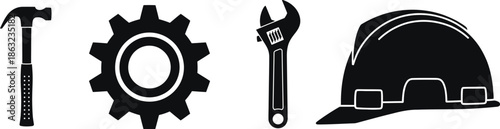A collection of construction tools including a hammer gear wrench and hard hat on transparent background high-quality professional detailed modern
