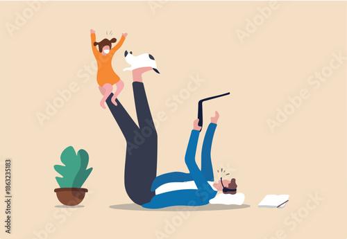 Work from home due to Coronavirus COVID-19 pandemic concept, businessman lay down working at home using laptop and headset for conference call meeting and take care his daughter child playing with cat