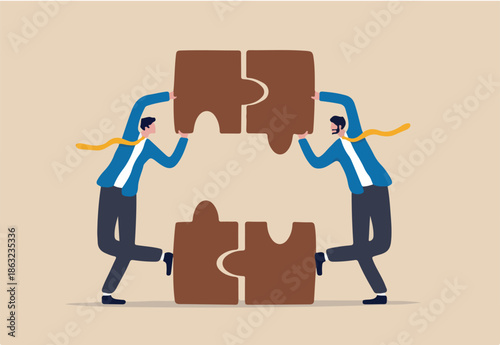 Partnership and teamwork, business agreement deal or working team collaboration concept, smart people businessmen colleagues or business partner assemble jigsaws together to complete the puzzle.