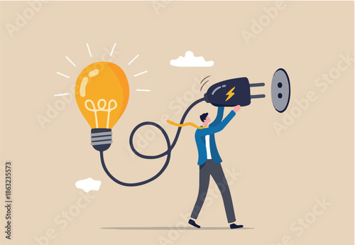 Problem solving idea, invent new innovation or thinking about new business idea concept, smart leader businessman connect electricity to light up idea lightbulb lamp