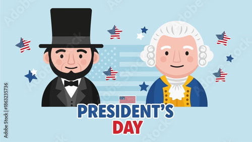Flat design, Cute Cartoon Abraham Lincoln and George Washington, President's Day. Flat design, Cute Cartoon Abraham Lincoln and George Washington, President's Day