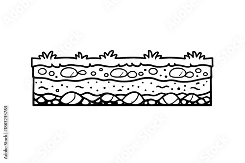 Cross-section of soil layers with grass and rocks
