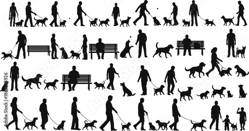 Silhouette collection of people walking dogs, playing, and sitting in park, outdoor pet activity vector illustration on white background.