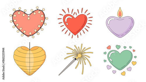 Hearts Icons Array: A collection of heart-shaped illustrations each carrying unique artistic charm, perfect for conveying emotions such as love, warmth, and joy.
