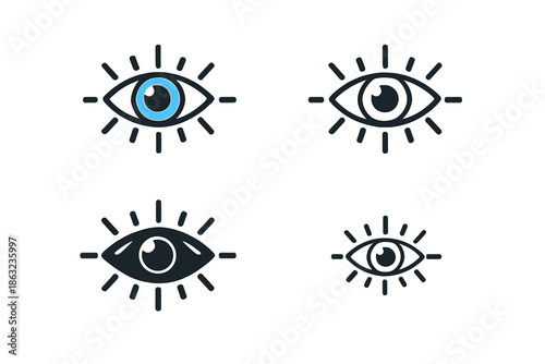 Four stylized eyes with radiating lines on a golden background