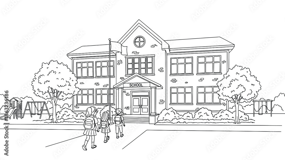 Obraz premium Children Walking to School in Front of a Classic Brick School Building with Playground