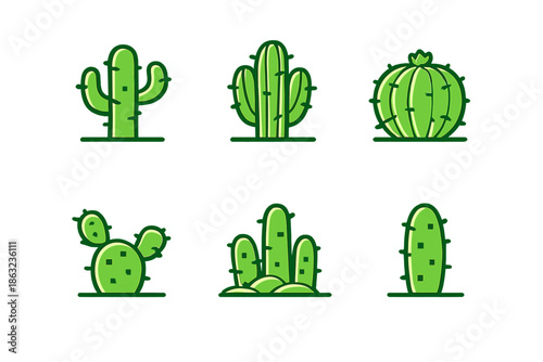 Six cactus icons on green background