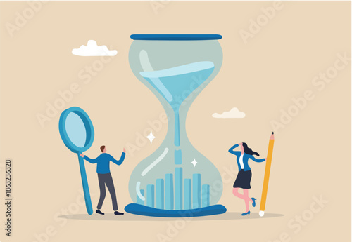 Time management or employee timesheet analysis, time tracking efficiency or productivity, working hour or project schedule concept, business people project manager analyze time graph in sandglass.