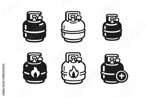 Set of gas cylinder icons with different symbols