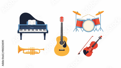 A collection of musical instruments including a grand piano, guitar, violin, trumpet, and drum set, displayed against a clean white background, Whisk illustration style.