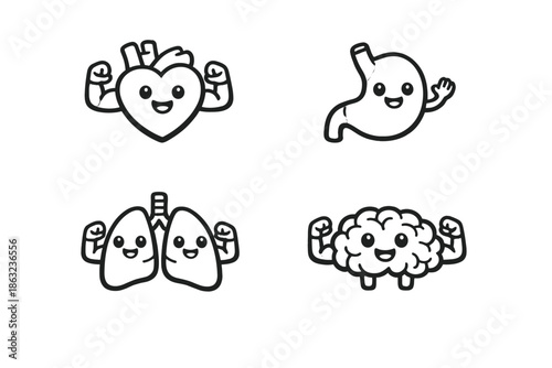 Cute cartoon human organs flexing muscles and waving