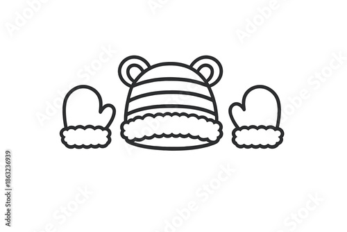 Cute winter hat and mittens icon set