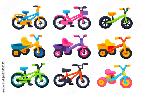 Collection of Nine Colorful Children's Bicycles and Tricycles
