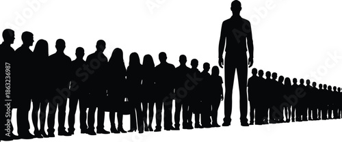 Silhouette crowd of people standing in long line with leader in front, teamwork leadership concept vector illustration on white background.
