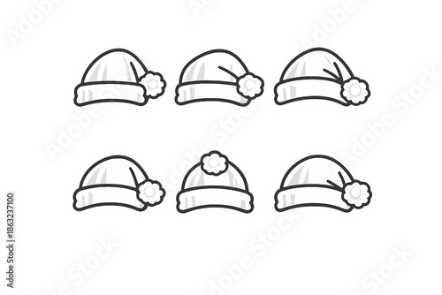 Set of six white winter hats with pom poms