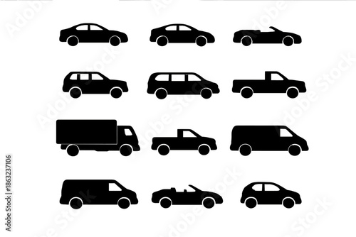 Collection of black vehicle icons on a gradient background