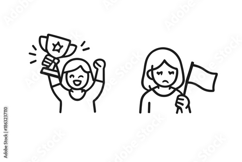 Happy Winner Holding Trophy Next to Sad Person with Flag