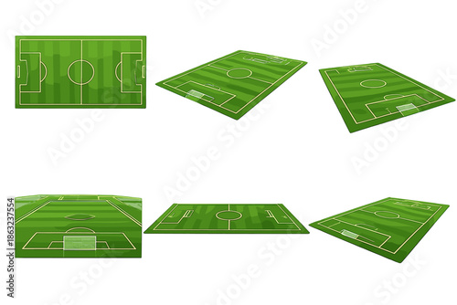 Collage of six different views of a soccer field