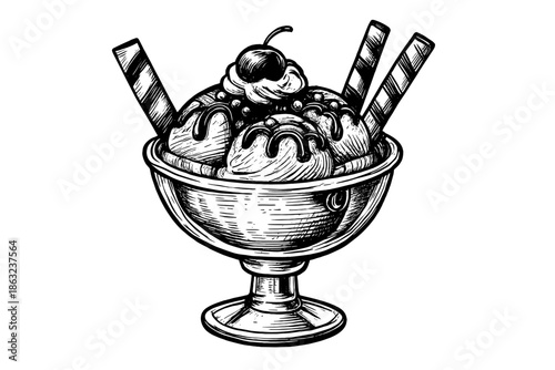 Black and White Ice Cream Sundae with Cherry and Wafer Sticks