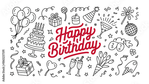 A Festive Array: A joyous birthday illustration features an array of balloons, gifts, a tiered cake, and a variety of party accessories, set against a lively backdrop. 