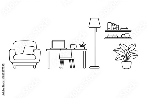 Minimalist line drawing of a home office scene